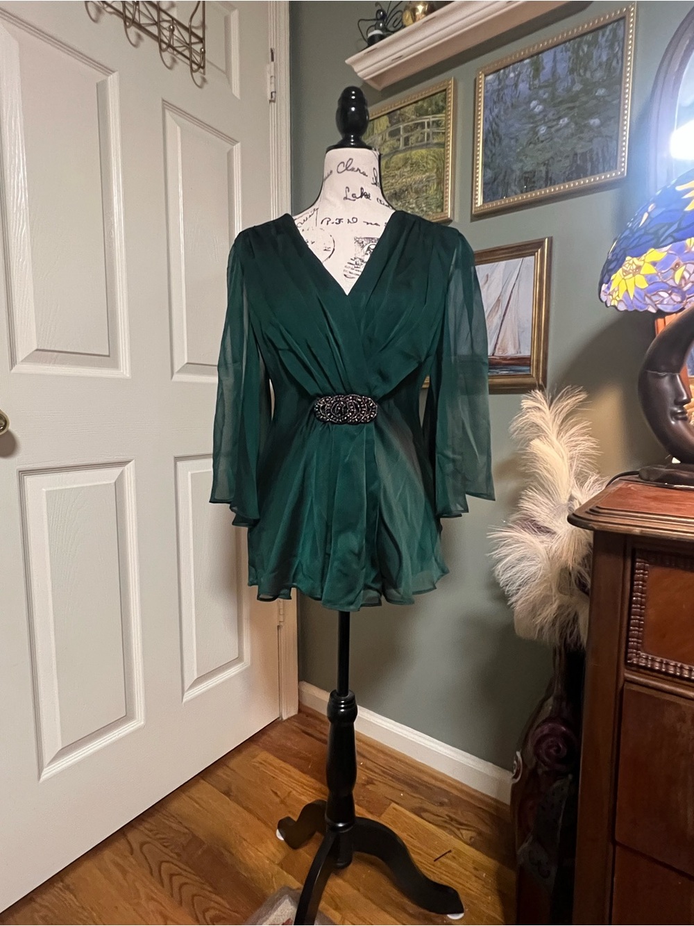 Dress Barn Emerald Green Beaded Sheer Sleeve Top